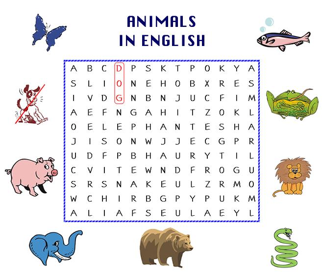 Caça-Palavras em Inglês (Animais)