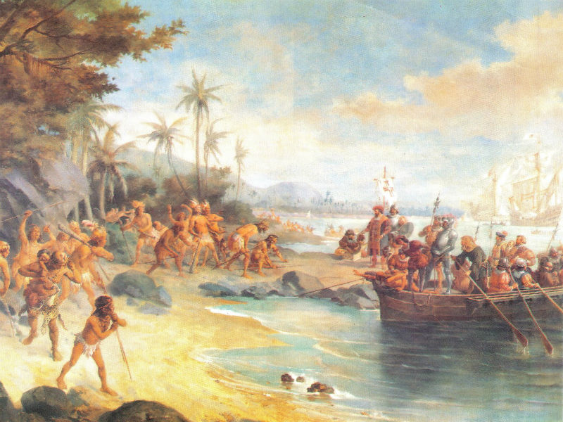 Pintura que mostra os ndios presenciando a chegada dos portugueses ao Brasil